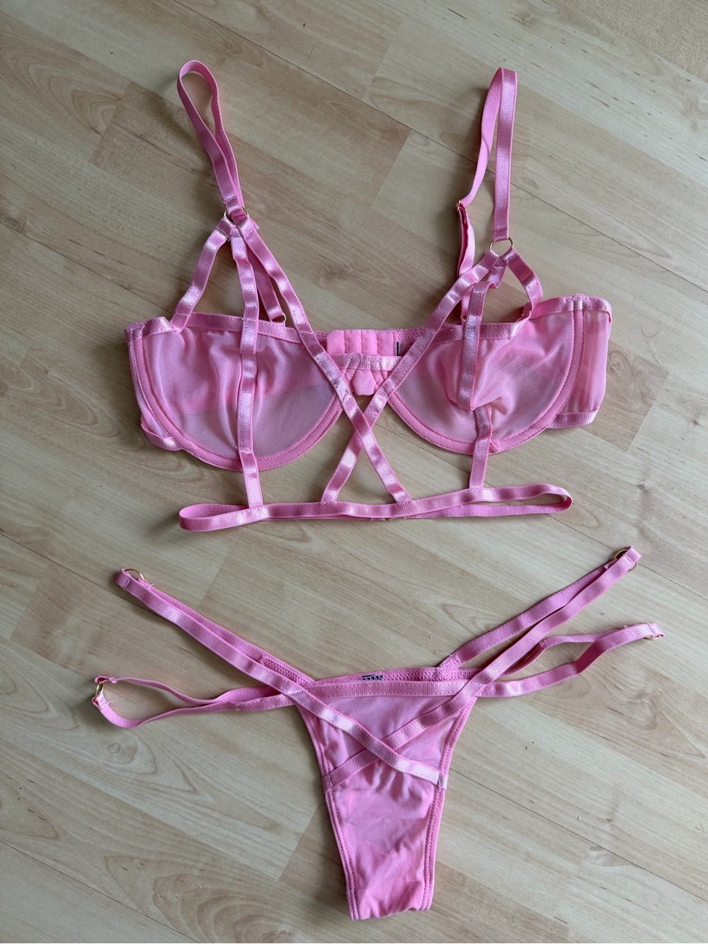 Lust Bound Sheer Strappy Lace 2pc Lingerie Set - Pink